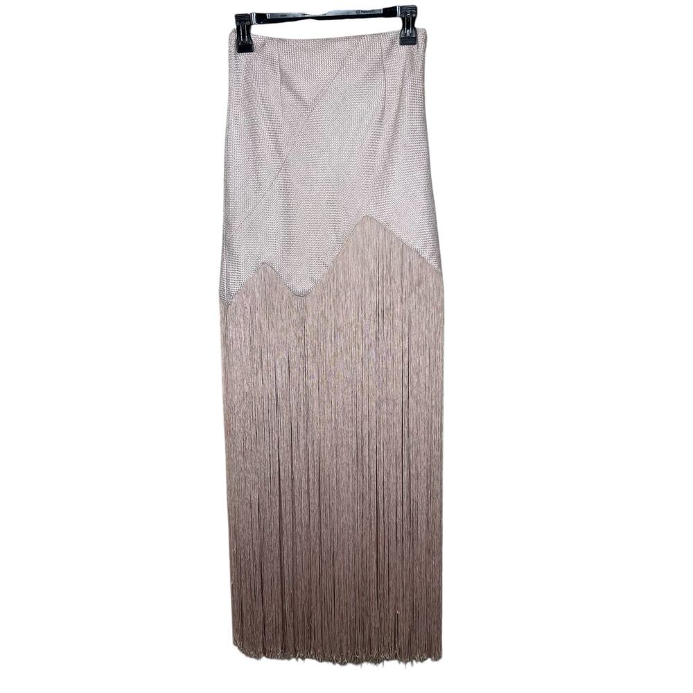 Asilio Gatsby Skirt 4 Maxi High Waist Fringe Slit Woven Beige Going Out Revolve - Picture 2 of 9